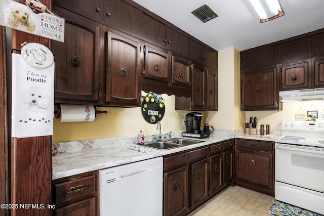 kitchen featuring sink, white appliances, and dark brown cabinets