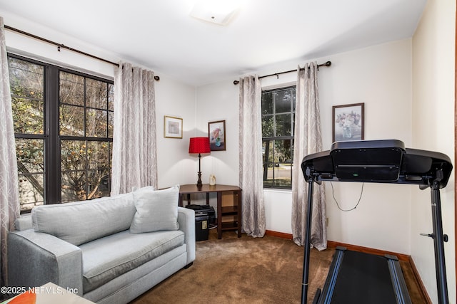 sitting room with a healthy amount of sunlight and dark carpet