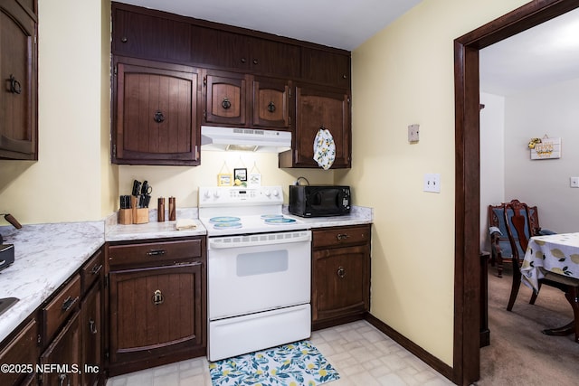 kitchen with dark brown cabinetry and white electric stove