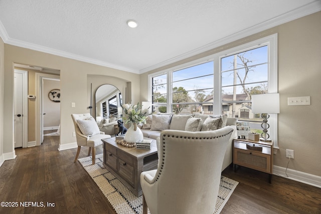 living room with dark wood-type flooring, ornamental molding, and a textured ceiling