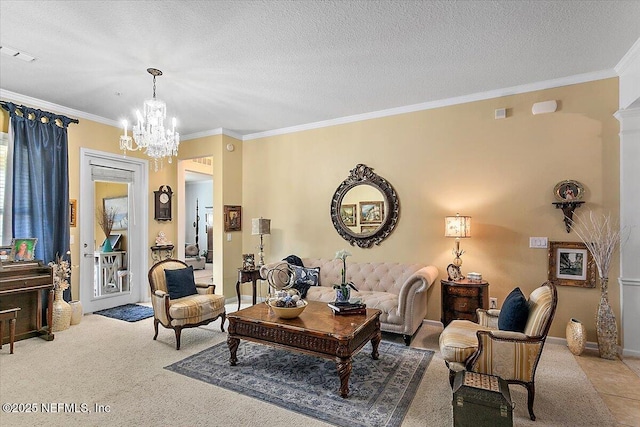 living room featuring ornamental molding, light carpet, a notable chandelier, and a textured ceiling