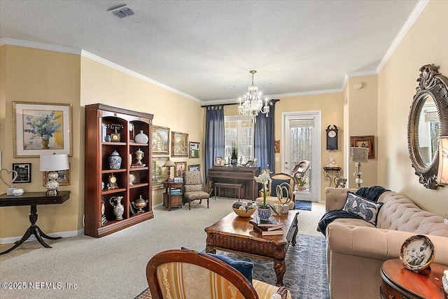 carpeted living room with crown molding, a notable chandelier, and a textured ceiling