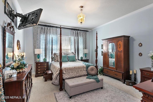 bedroom with ornamental molding and a textured ceiling