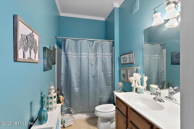 bathroom featuring toilet, ornamental molding, vanity, curtained shower, and tile patterned flooring