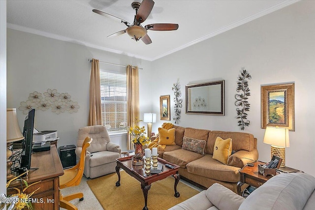 carpeted living room with ornamental molding and ceiling fan