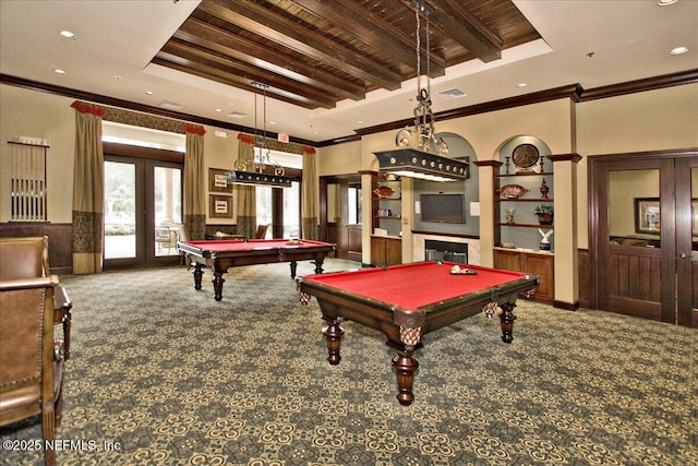 rec room featuring french doors, billiards, ornamental molding, carpet flooring, and beamed ceiling