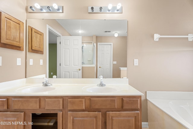 bathroom with vanity and separate shower and tub