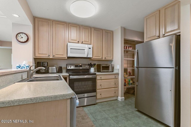 kitchen with appliances with stainless steel finishes, sink, and light brown cabinets