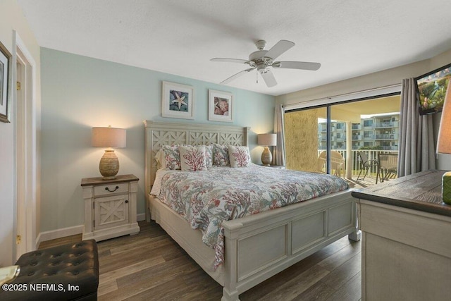 bedroom featuring ceiling fan, access to exterior, and dark hardwood / wood-style flooring