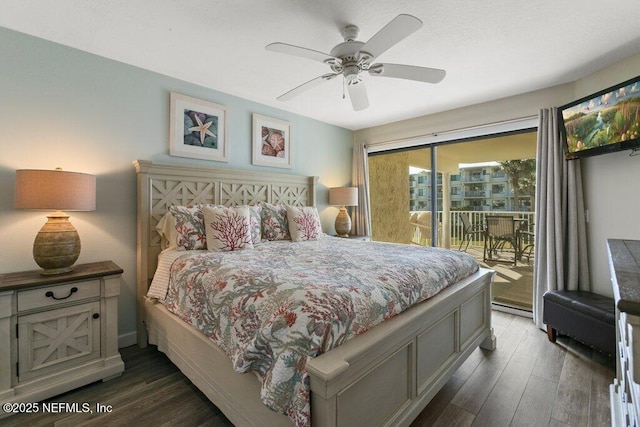 bedroom with a baseboard heating unit, dark hardwood / wood-style floors, access to exterior, and ceiling fan