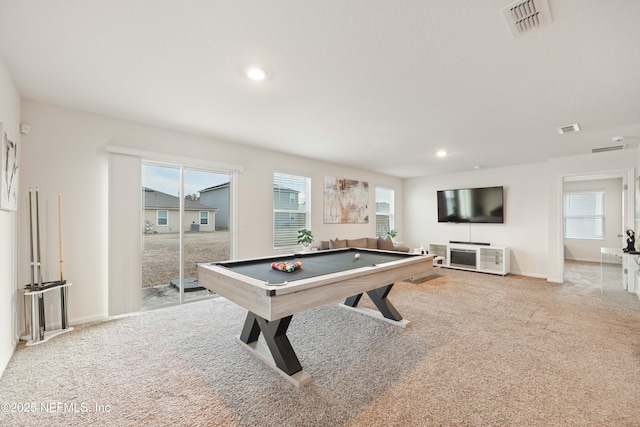 game room with a healthy amount of sunlight, light colored carpet, and pool table