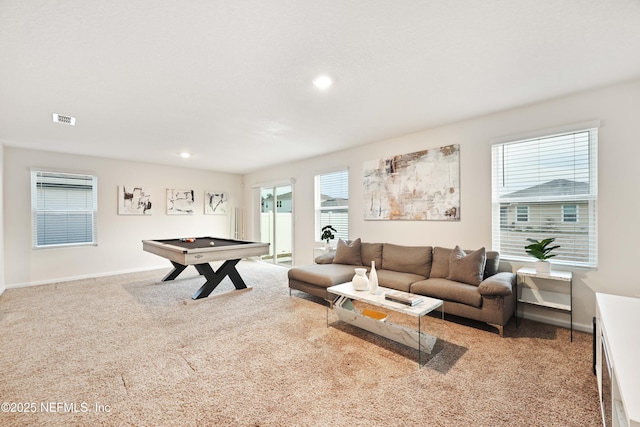 recreation room featuring billiards and light carpet