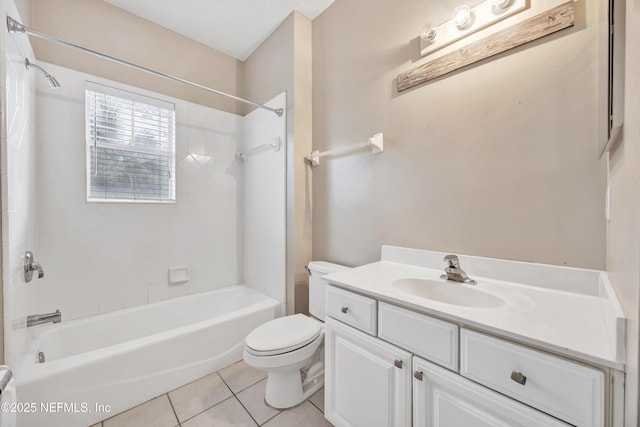 bathroom featuring shower / tub combination, vanity, toilet, and tile patterned floors