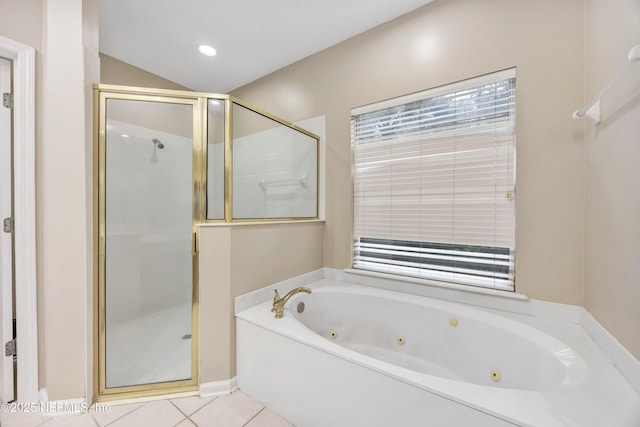 full bathroom featuring a stall shower, lofted ceiling, a tub with jets, tile patterned floors, and recessed lighting