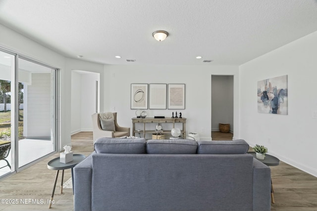 living room featuring hardwood / wood-style flooring and a textured ceiling