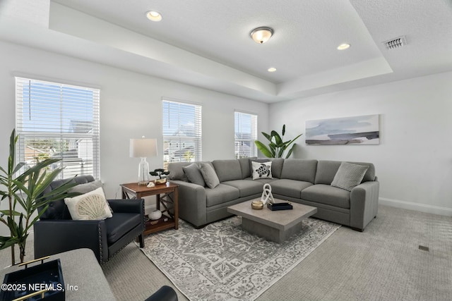 living room featuring light carpet and a raised ceiling