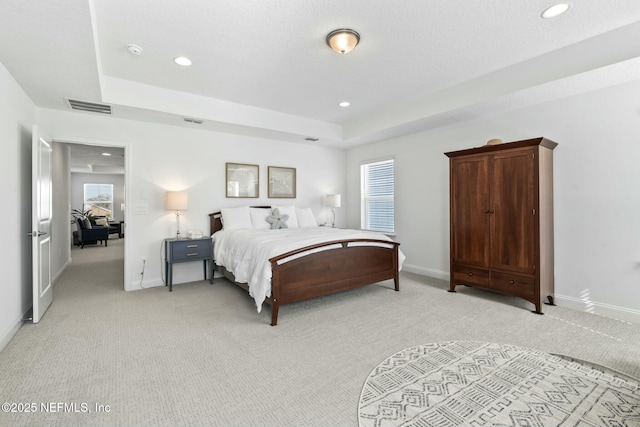 bedroom featuring a raised ceiling and light colored carpet