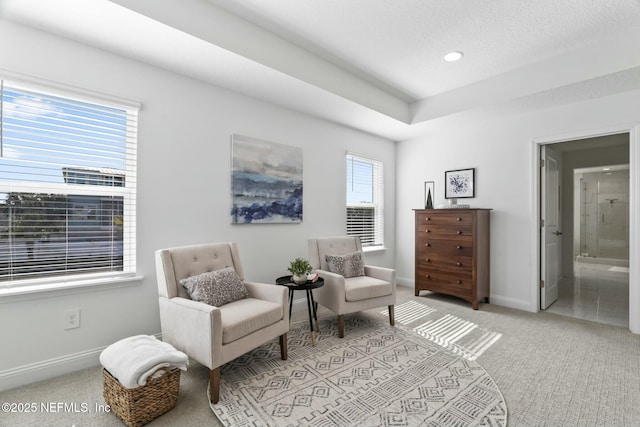 sitting room with light carpet and a textured ceiling