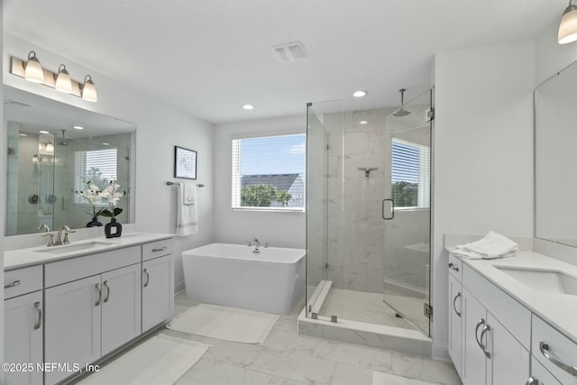 bathroom with vanity and independent shower and bath