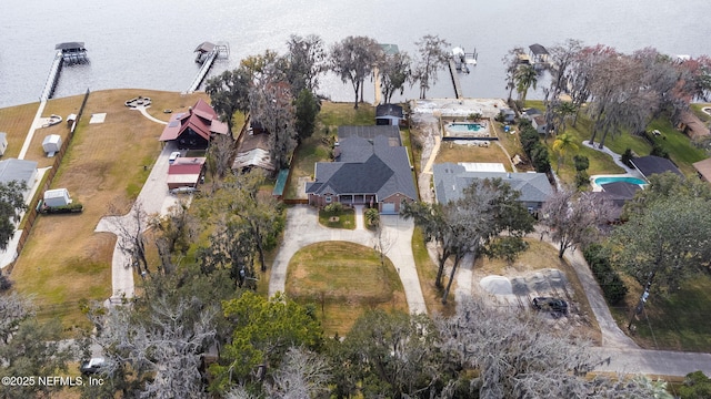 drone / aerial view featuring a water view