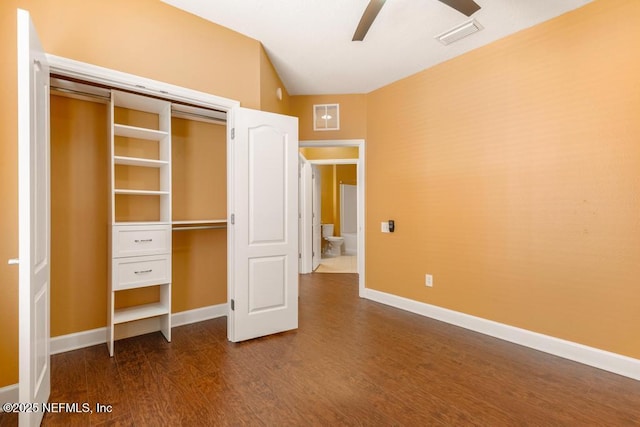 unfurnished bedroom featuring wood-type flooring and ceiling fan