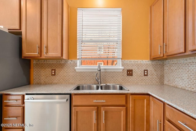 kitchen with tasteful backsplash, dishwasher, and sink