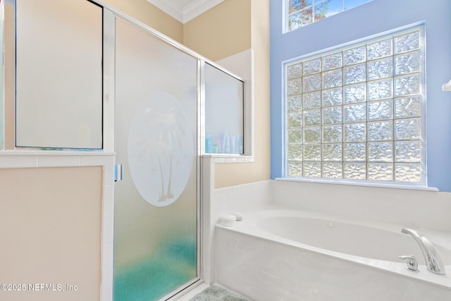 bathroom featuring independent shower and bath and crown molding