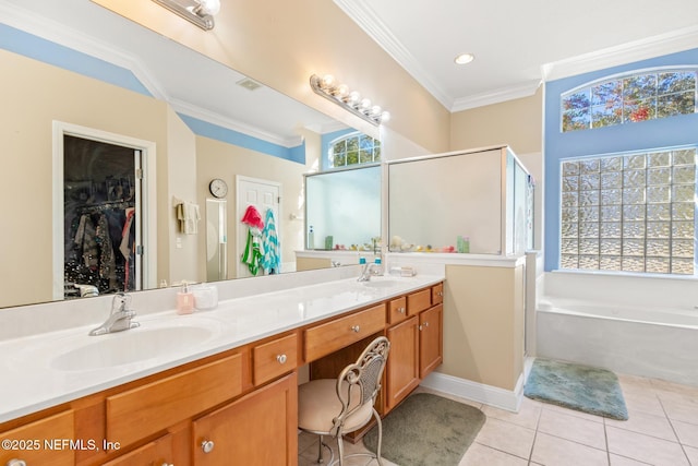 bathroom with vanity, ornamental molding, tile patterned floors, and plus walk in shower