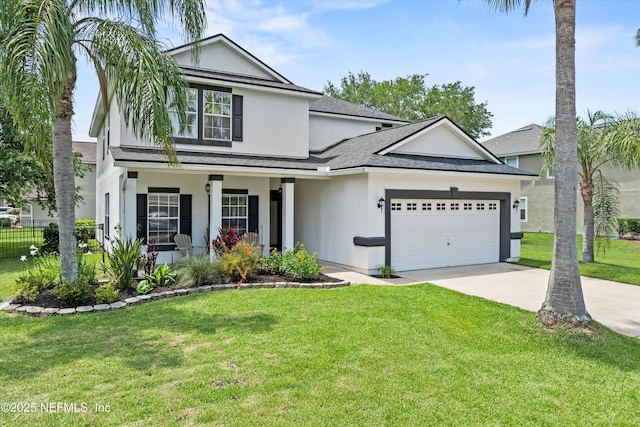 2360 Golfview Dr, Fleming Island, FL 32003 - traditional home with stucco siding, roof with shingles, driveway, a garage, and covered porch