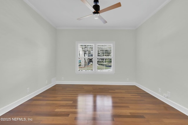 unfurnished room featuring baseboards, crown molding, ceiling fan, and wood finished floors