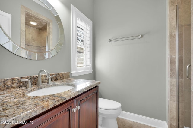 full bath featuring baseboards, toilet, a stall shower, and vanity