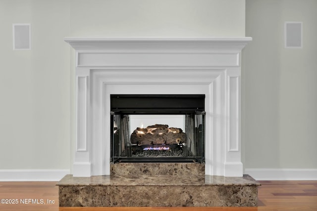 details with baseboards, a multi sided fireplace, and wood finished floors