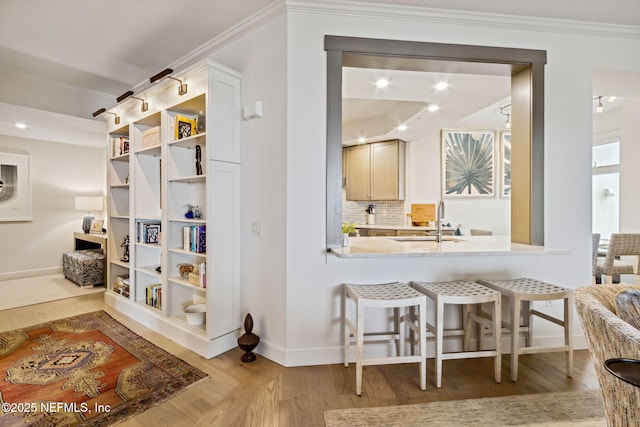 interior space with tasteful backsplash, crown molding, sink, and light hardwood / wood-style flooring