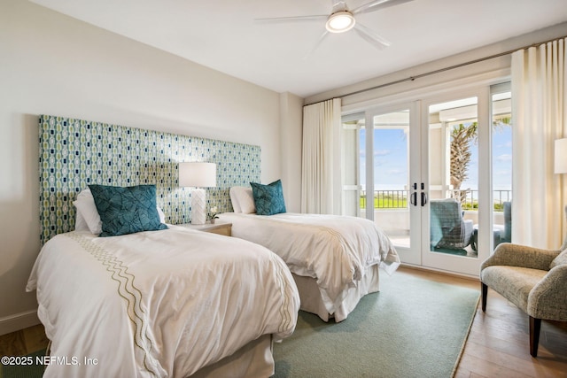 bedroom with french doors, ceiling fan, access to exterior, and hardwood / wood-style floors