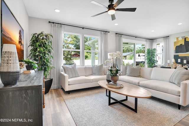 living room featuring ceiling fan, light hardwood / wood-style flooring, and a healthy amount of sunlight