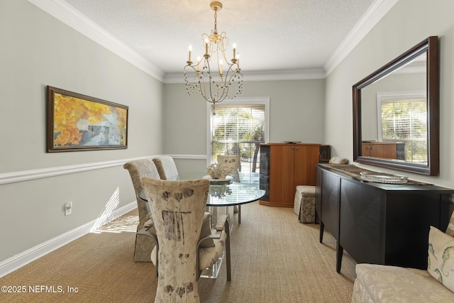 carpeted dining room with crown molding, a textured ceiling, and a chandelier