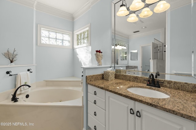 bathroom with vanity, a bath, crown molding, and a chandelier