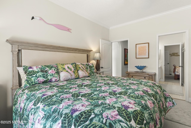 bedroom featuring light tile patterned floors, light colored carpet, and crown molding