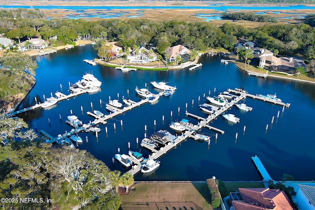 birds eye view of property featuring a water view