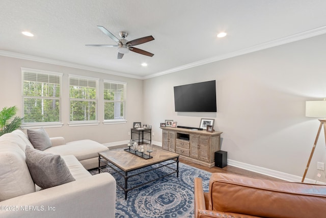 living room featuring hardwood / wood-style flooring, ornamental molding, and ceiling fan