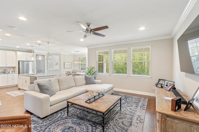 living room with sink, ornamental molding, ceiling fan, light hardwood / wood-style floors, and a textured ceiling