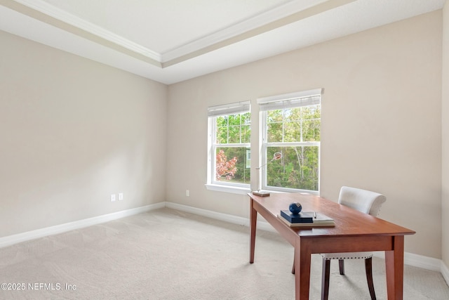 office with light colored carpet, ornamental molding, and a raised ceiling