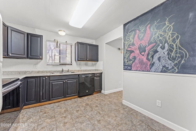 kitchen with stainless steel electric range oven, dishwasher, sink, and decorative backsplash