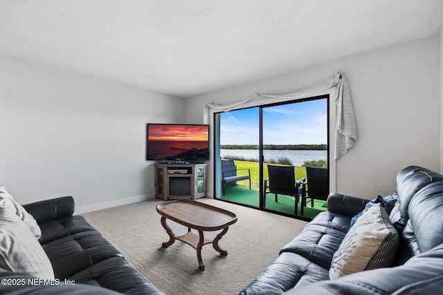 carpeted living room featuring a textured ceiling