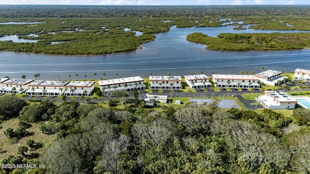 bird's eye view with a water view