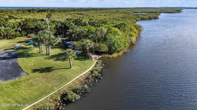 drone / aerial view featuring a water view