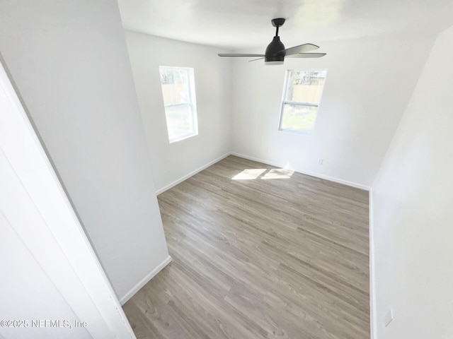 spare room with a wealth of natural light, light hardwood / wood-style floors, and ceiling fan