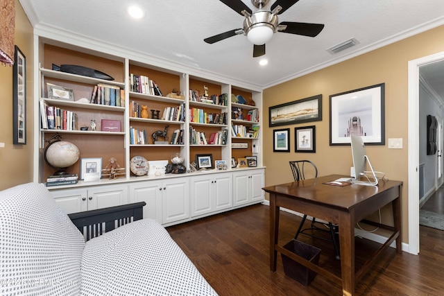 office space with dark hardwood / wood-style flooring, ornamental molding, and ceiling fan