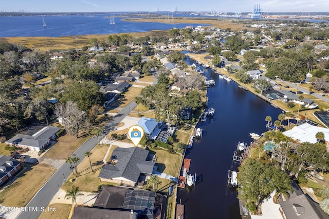 aerial view featuring a water view