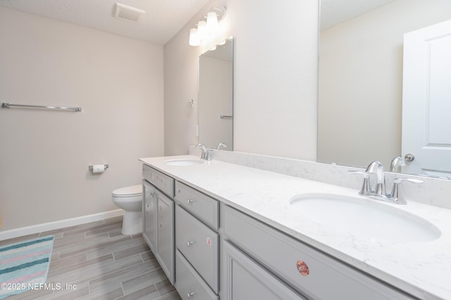 bathroom with wood tiled floor, a sink, toilet, and double vanity